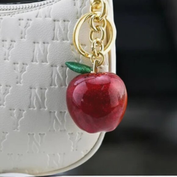 NWT Red Apple Bag Charm Keychain Cute Purse Accessory with Gold Green Leaves - Picture 2 of 3